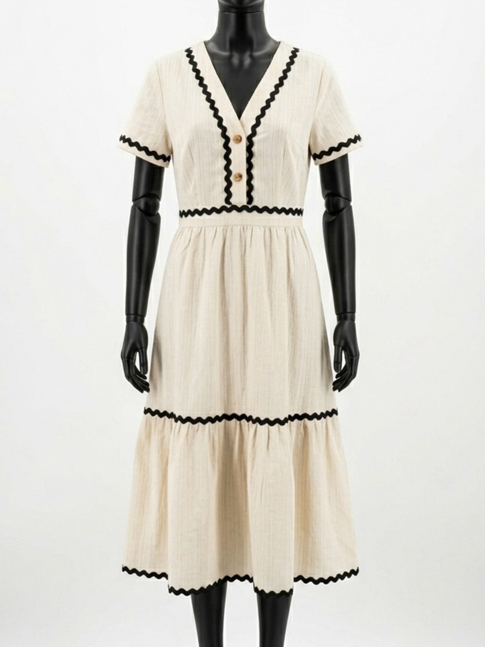 EUC Cream Black Ric Rac Trim Tiered Midi Summer Side Zipper Dress V-Neck Small